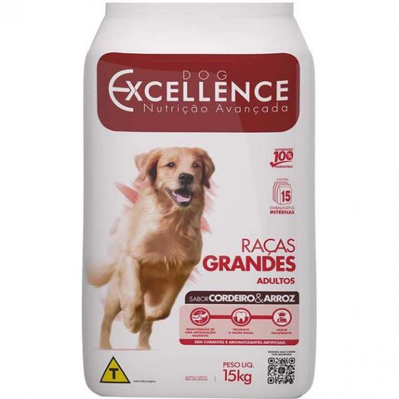 Ração Dog Excellence Sabor Cordeiro e Arroz para Cães de Raças Grandes Adultos - 15 Kg