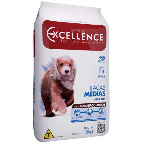 Ração Dog Excellence Sabor Cordeiro e Arroz para Cães de Raças Médias Adulto - 15 Kg