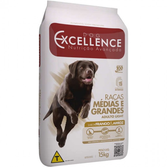 Ração Dog Excellence Sabor Frango e Arroz Light para Cães de Raças Médias e Grandes Adultos - 15 Kg