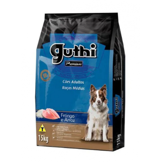 Ração Seca Guthi Premium para Cães Adultos de Porte Médio sabor Frango e Arroz - 15 Kg