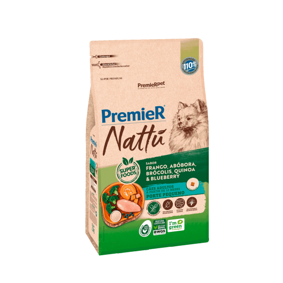Ração Seca PremieR Nattú Cães Adultos de Porte Pequeno sabor Frango, Abóbora, Brócolis, Quinoa & Blueberry 