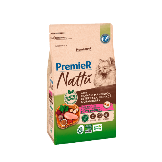 Ração Seca PremieR Nattú Cães Adultos de Porte Pequeno sabor Frango, Mandioca, Beterraba, Linhaça & Cranberry