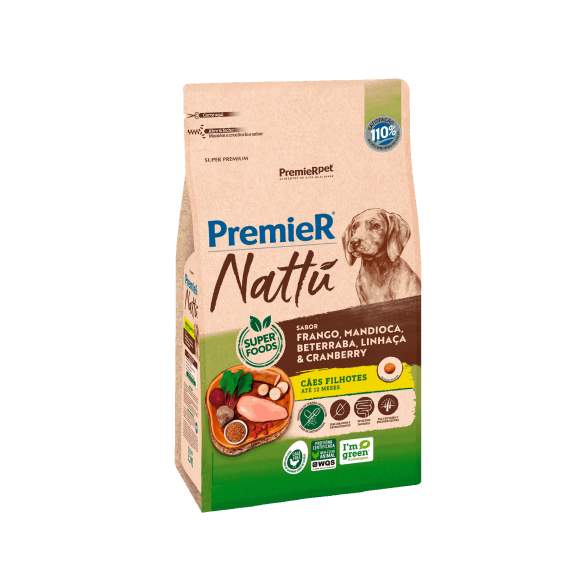 Ração Seca PremieR Nattú Cães Filhotes até 12 Meses sabor Frango, Mandioca, Beterraba, Linhaça & Cranberry