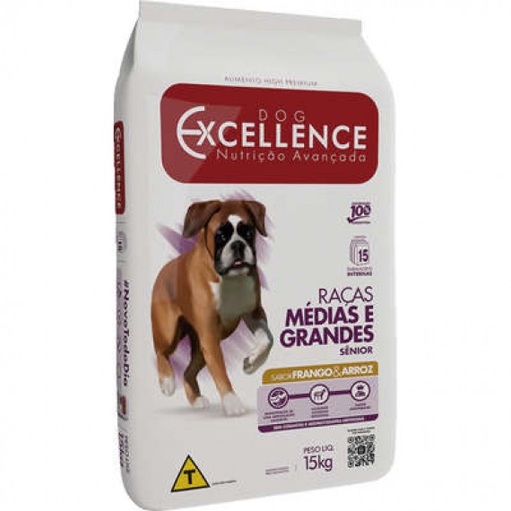 Ração Dog Excellence Sabor Frango e Arroz para Cães de Raças Médias e Grandes Sênior - 15 Kg