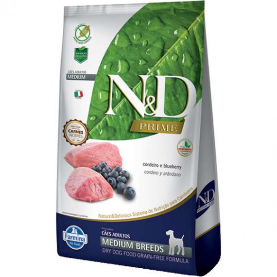 Ração N&D Prime da Farmina sabor Cordeiro e Blueberry para Cães Adultos de Raças Médias - 10,1kg