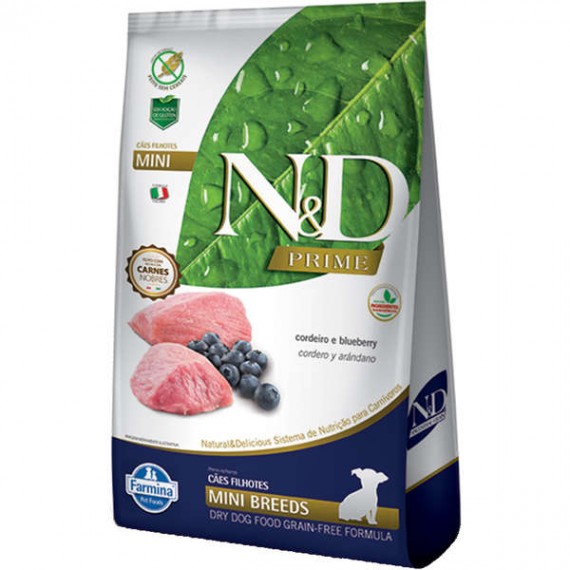 Ração N&D Prime da Farmina sabor Cordeiro e Blueberry para Cães Filhotes de Raças Pequenas