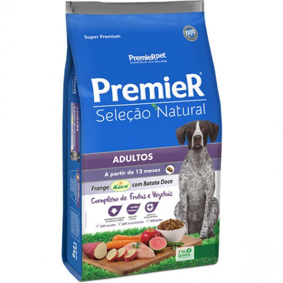Ração Premier Seleção Natural Super Premium Sabor Frango Korin com Batata Doce para Cães Adultos - 12 Kg