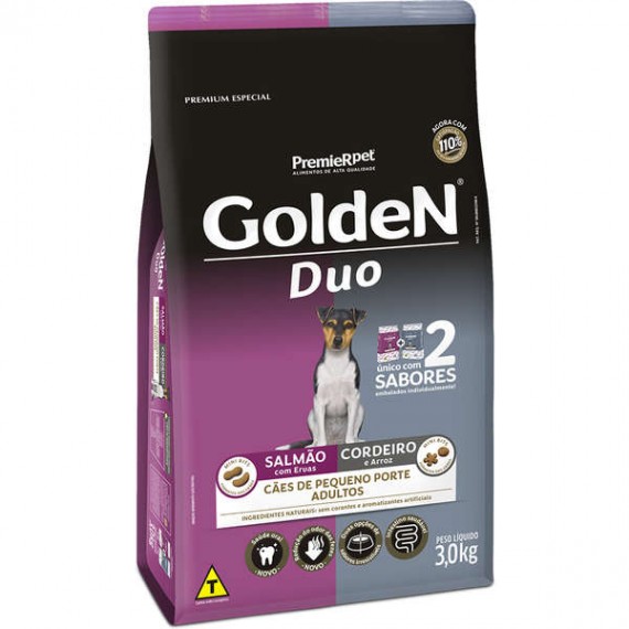 Ração Golden DUII Premium Especial para Cães Adultos de Pequeno Porte Sabor Salmão com Ervas e Cordeiro com Arroz - 3 kg