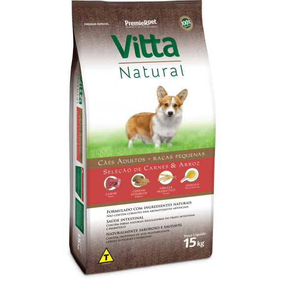 Ração Vitta Natural Cães Adultos de Raças Pequenas Sabor Carne & Arroz - 15 kg