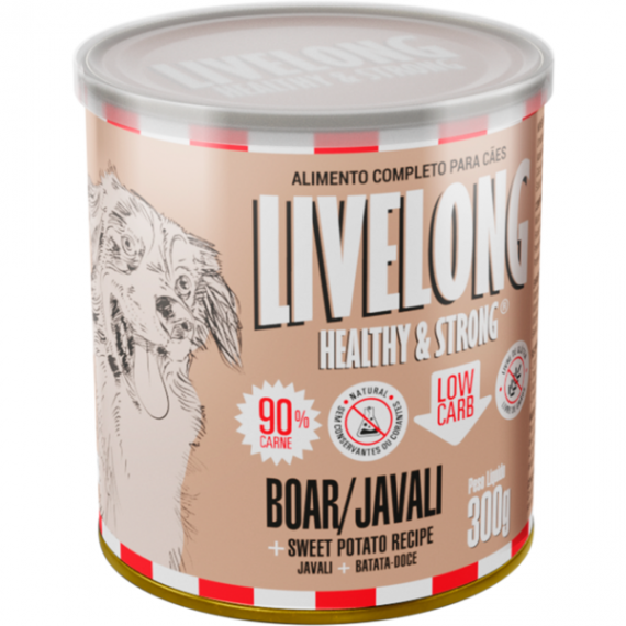 Alimento Úmido e Natural em Lata para Cães Livelong Sabor Javali com Batada Doce - 300 g
