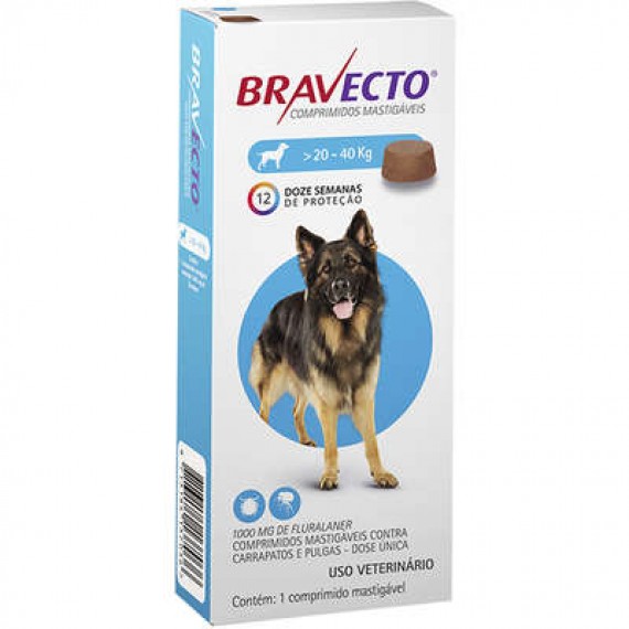 Antipulgas e Carrapatos MSD Bravecto para Cães de 20 a 40  Kg - Comprimido