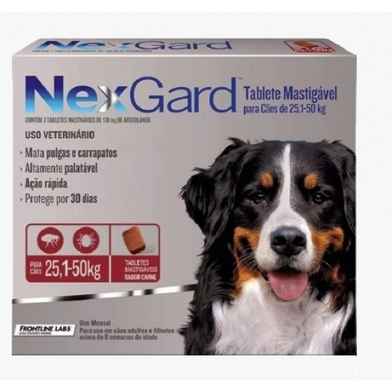 Antipulgas e Carrapatos NexGard para Cães - 25,1 a 50 Kg - 1 Tablete