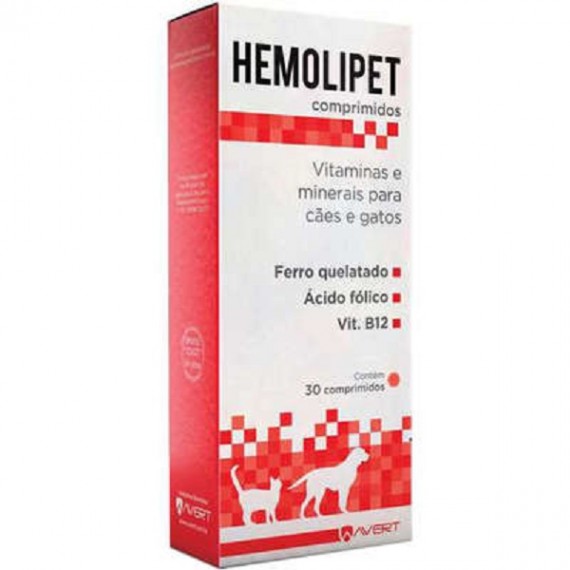 Hemolipet Suplemento Vitamínico Mineral para Cães e Gatos da Avert - 30 comprimidos