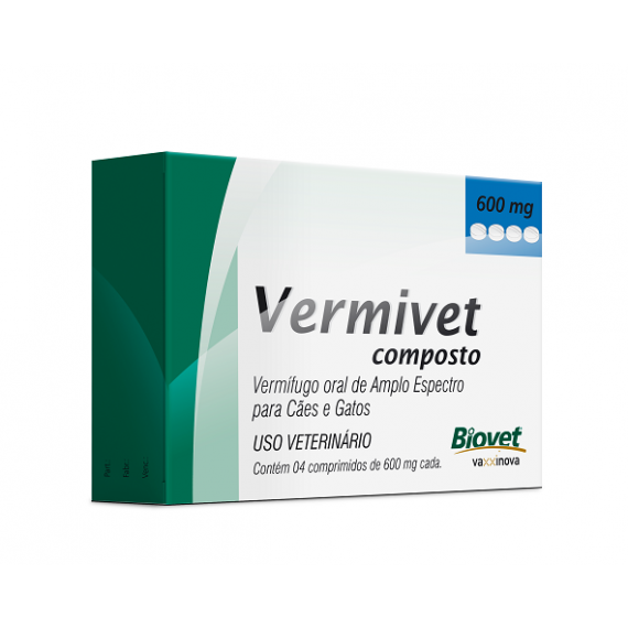 Vermífugo Vermivet Composto 600 mg para Cães e Gatos da Biovet - 4 comprimidos