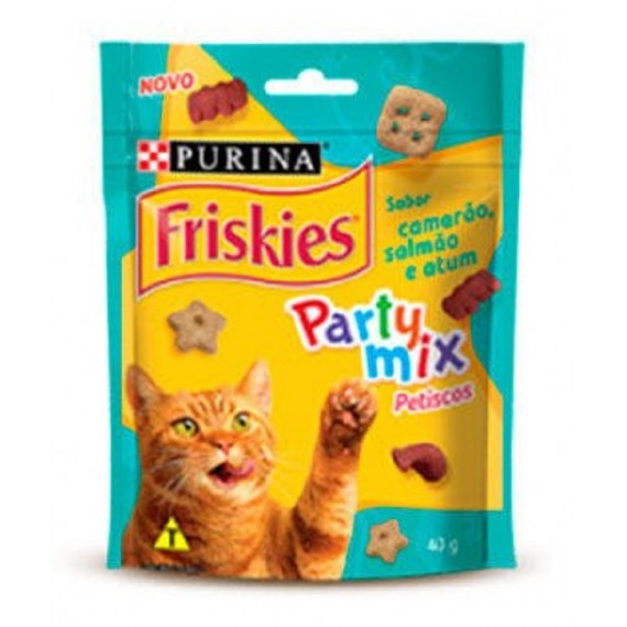 Petiscos Friskies Party Mix sabor Camarão, Salmão e Atum para Gatos Adultos