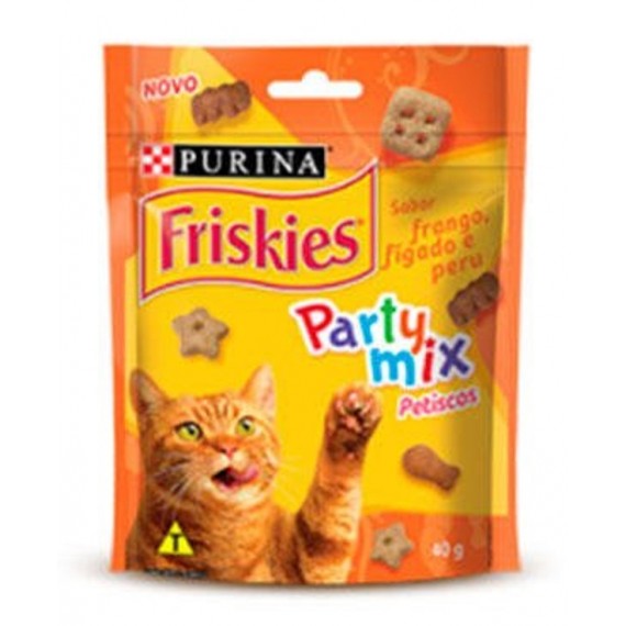 Petiscos Friskies Party Mix sabor Frango, Figado e Peru para Gatos Adultos