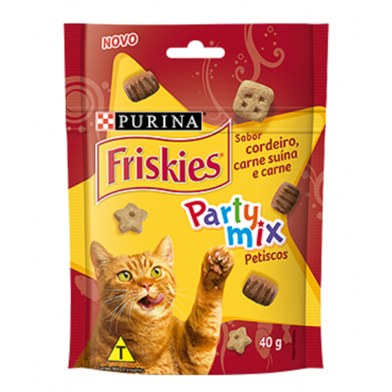 Petiscos Friskies Party Mix sabor Cordeiro, Carne Suína e Carne para Gatos Adultos