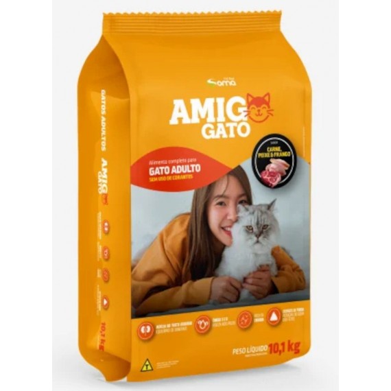  Ração Amigo Gato para Gatos Adultos Sabor Carne, Peixe e Frango - 10,1Kg