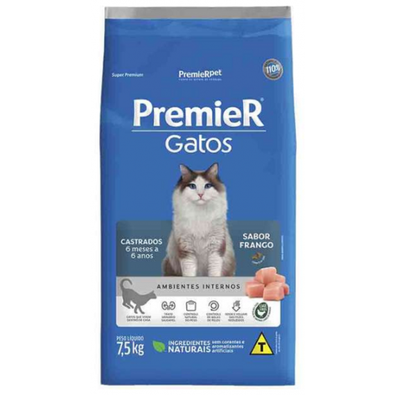 Ração PremierPet  Super Premium Ambiente Interno Castrado  Gatos Adultos Sabor Frango de 6 meses a 6 anos 