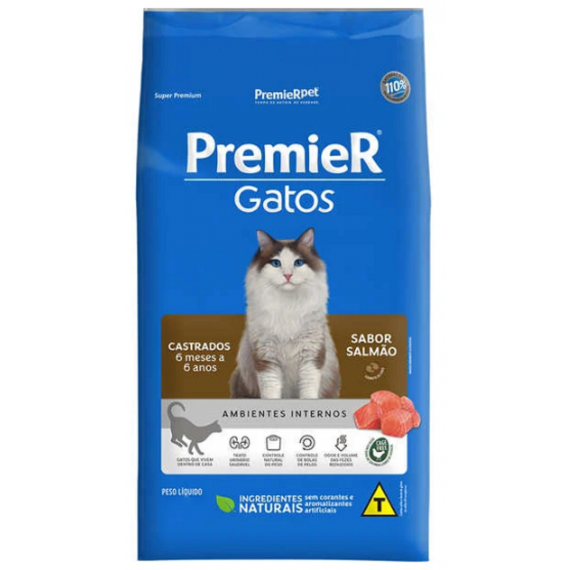 Ração PremierPet  Super Premium Ambiente Interno Castrado  Gatos Adultos Sabor Salmão de 6 meses até 6 anos