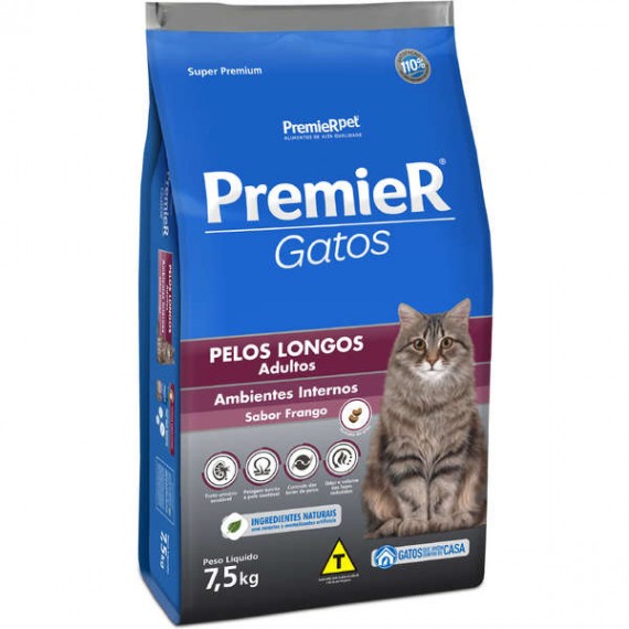 Ração Premier Super Premium Ambiente Interno Pelos Longos Gatos Adultos Sabor Frango - 7,5 Kg