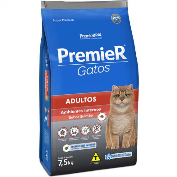 Ração Premier Super Premium Ambiente Interno Gatos Adultos Sabor Salmão - 7,5 Kg