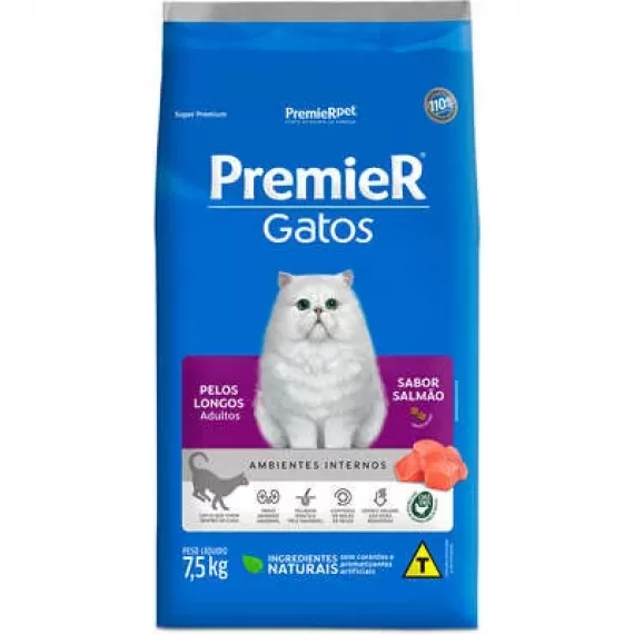 Ração PremierPet Super Premium Ambiente Interno Pelos Longos Gatos Adultos Sabor Salmão -7,5 Kg