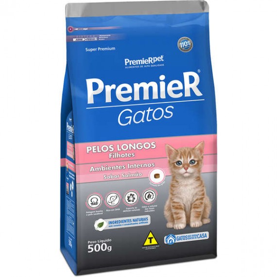 Ração PremierPet Super Premium Ambiente Interno Pelos Longos Gatos Filhotes Sabor Salmão