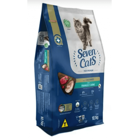 Ração Seven Cats High Premium Gatos Castrados Frango e Carne - 10,1Kg
