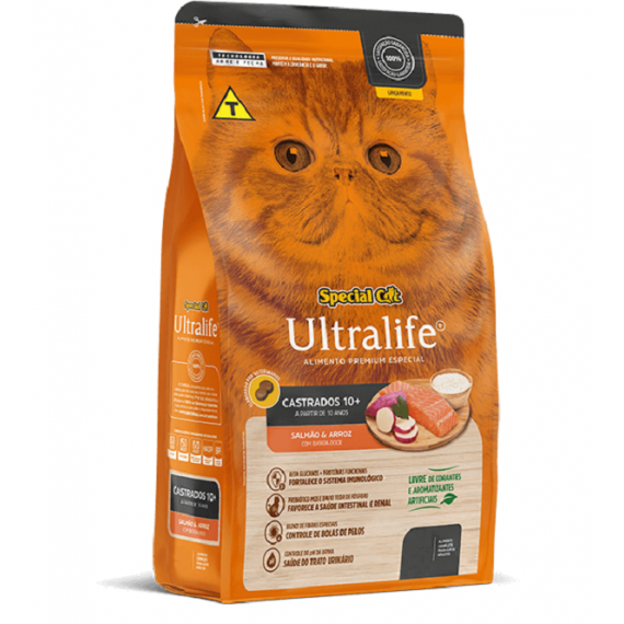  Ração Special Cat Ultralife Premium Especial para Gatos Adultos Castrados 10+ sabor Salmão e Arroz - 3 Kg