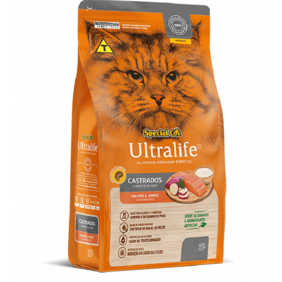  Ração Special Cat Ultralife Premium Especial para Gatos Adultos Castrados sabor Salmão e Arroz - 1 Kg