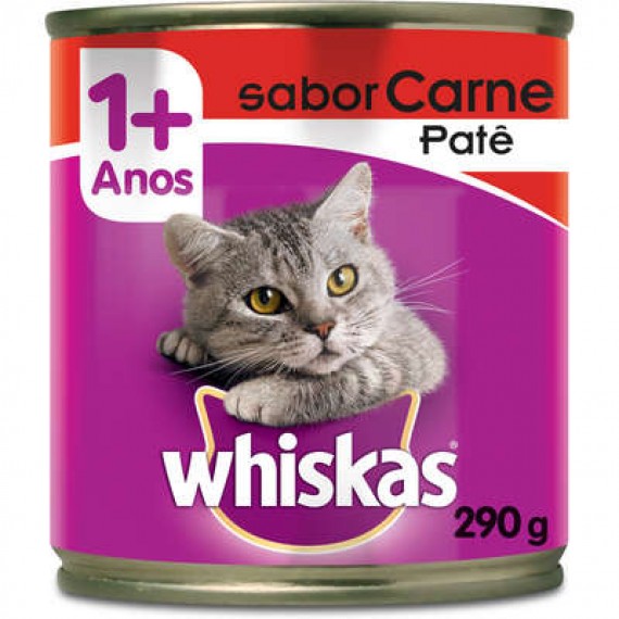 Ração Úmida Whiskas Lata Sabor Carne Patê para Gatos Adultos - 290g