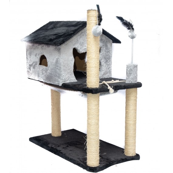 Brinquedo Arranhador Casa com Rei com Sisal e Carpete em Dois Andares