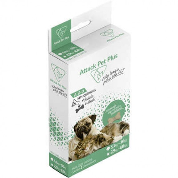 Antipulgas, carrapatos e ácaros Attack Pet Plus da Agronese para Cães de 5,1 a 10 kg e Gatos de 2,9 a 8 Kg - 2 Comprimidos