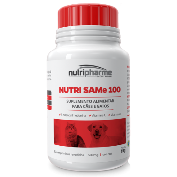 Suplemento Alimentar NUTRI SAMe 100 da Nutripharme para Cães e Gatos - 30 comprimidos